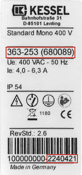 Typenschild Standard Mono 400 V