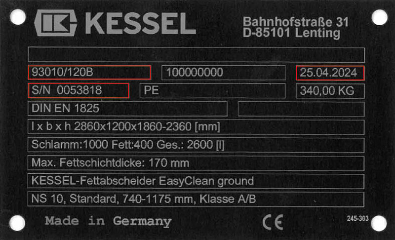 Typenschild Fettabscheider EasyClen Ground
