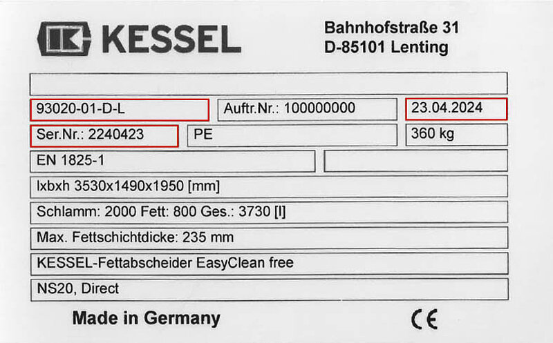 Typenschild Fettabscheider EasyClean Free